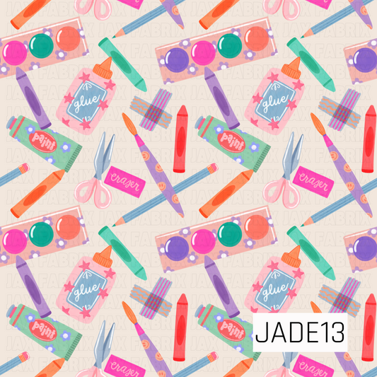 A cheerful school-themed design featuring colorful art supplies scattered across a soft cream background. Paint tubes, watercolor palettes, crayons, pencils, paintbrushes, scissors, glue bottles, tape, and erasers create a fun and creative pattern in bright shades of pink, teal, purple, orange, and blue. Perfect for back-to-school projects, teacher gifts, classroom-inspired creations, and creative craft-themed accessories.
