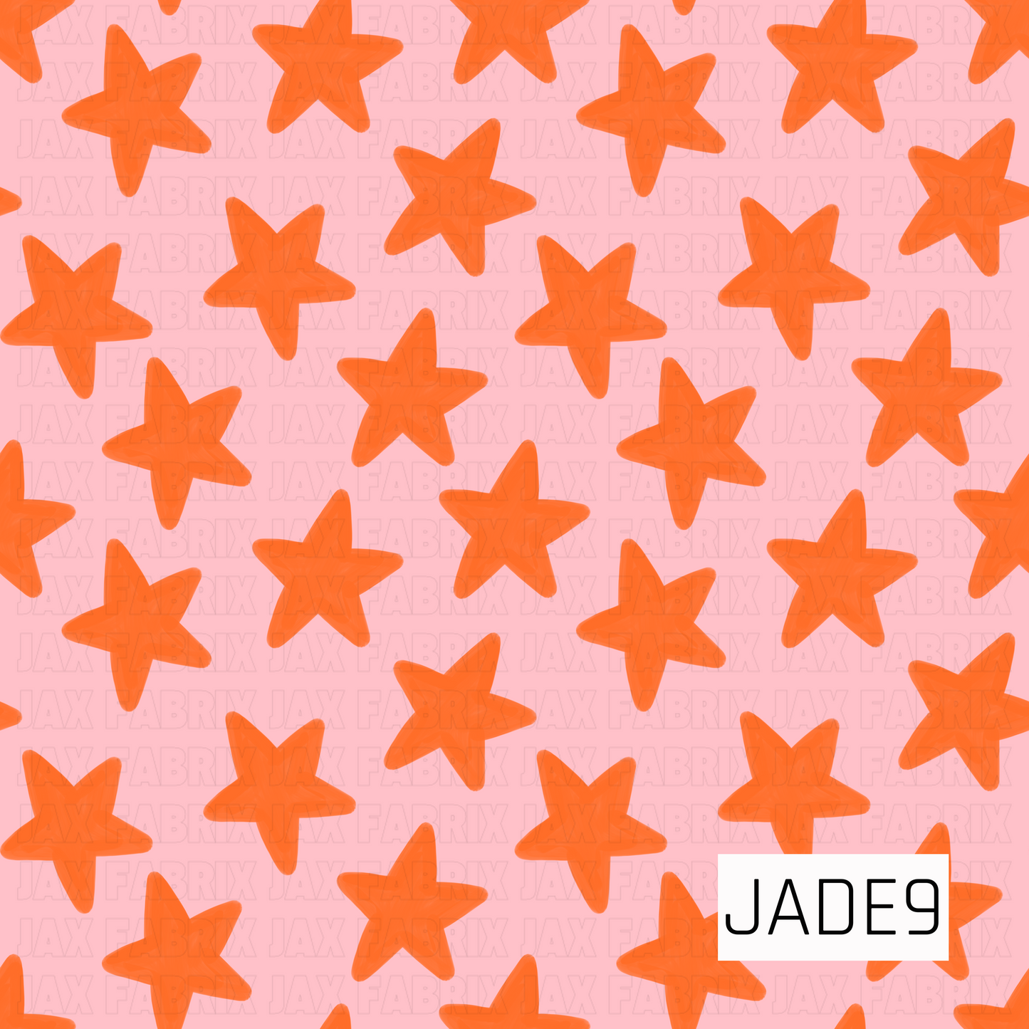 A simple coordinating fabric featuring scattered orange stars on a soft pink background. This playful all-over pattern adds a bright pop of color and pairs perfectly with whimsical, fantasy, celestial, and colorful-themed fabric collections.
