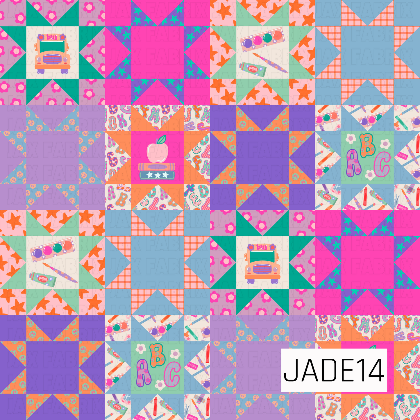 A vibrant quilt-inspired patchwork design featuring colorful school-themed blocks arranged in a classic sampler layout. The pattern combines apples, school buses, art supplies, alphabet letters, smiley faces, florals, stars, and coordinating geometric prints in bright shades of pink, purple, teal, orange, and blue. This playful educational design captures the excitement of back-to-school season while offering the charm of a handcrafted quilt.
