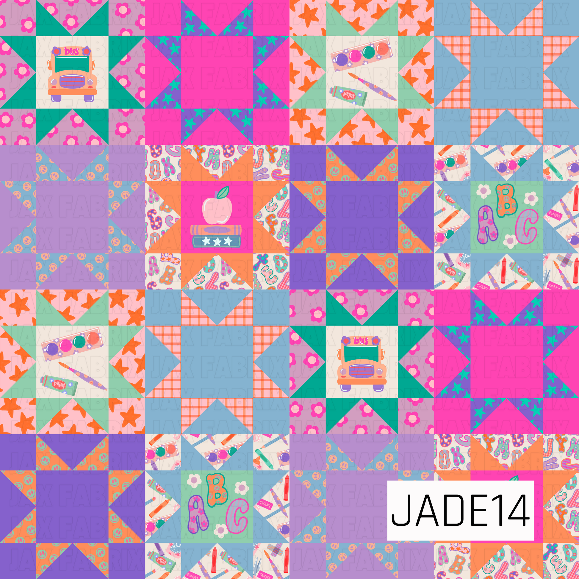 A vibrant quilt-inspired patchwork design featuring colorful school-themed blocks arranged in a classic sampler layout. The pattern combines apples, school buses, art supplies, alphabet letters, smiley faces, florals, stars, and coordinating geometric prints in bright shades of pink, purple, teal, orange, and blue. This playful educational design captures the excitement of back-to-school season while offering the charm of a handcrafted quilt.