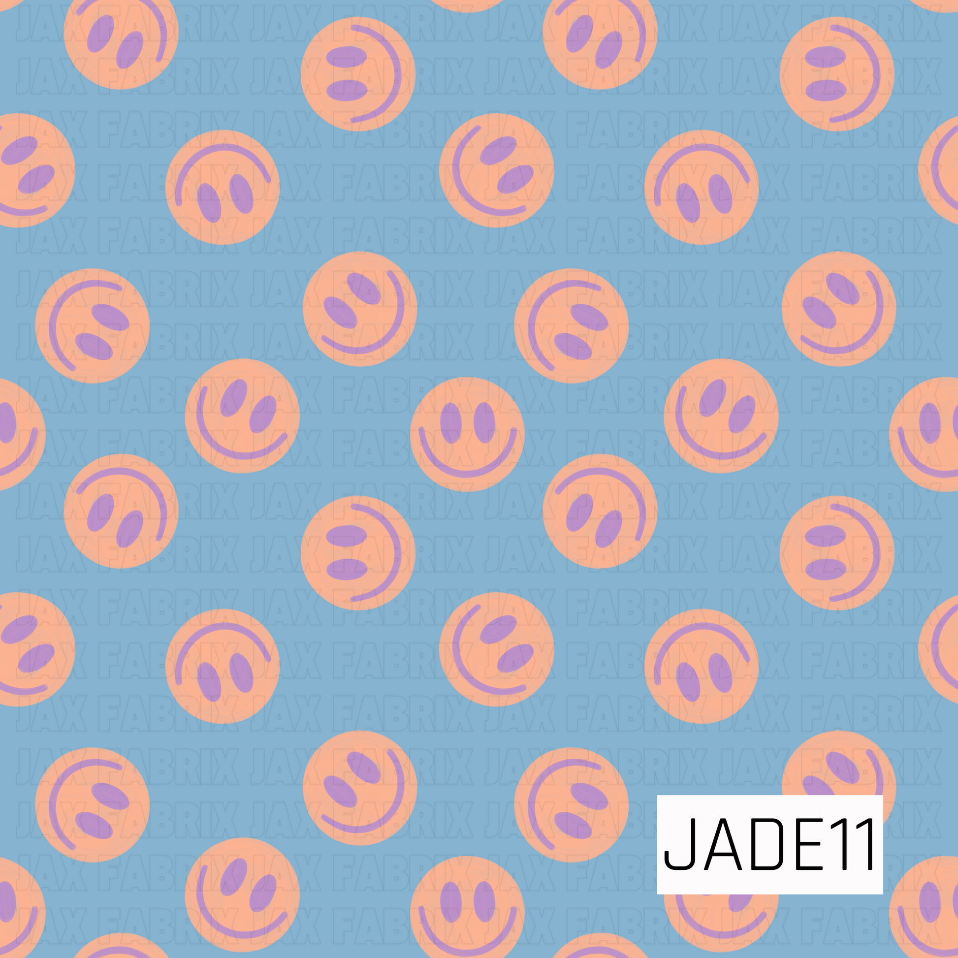 A playful coordinate design featuring scattered pastel smiley faces on a soft blue background. The simple all-over pattern combines peach-toned smileys with lavender details for a cheerful retro-inspired look that adds a fun pop of color to any project.

