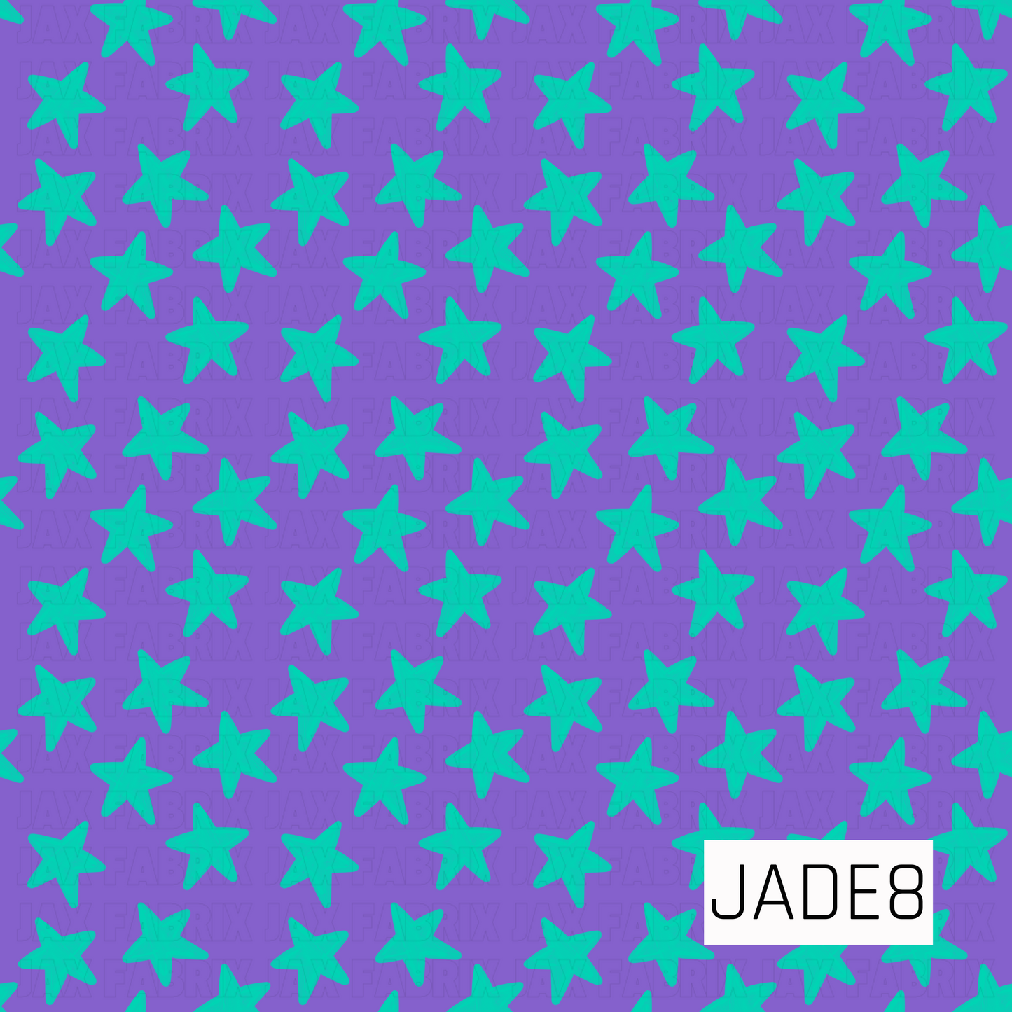 A simple coordinating fabric featuring scattered teal stars on a vibrant purple background. 