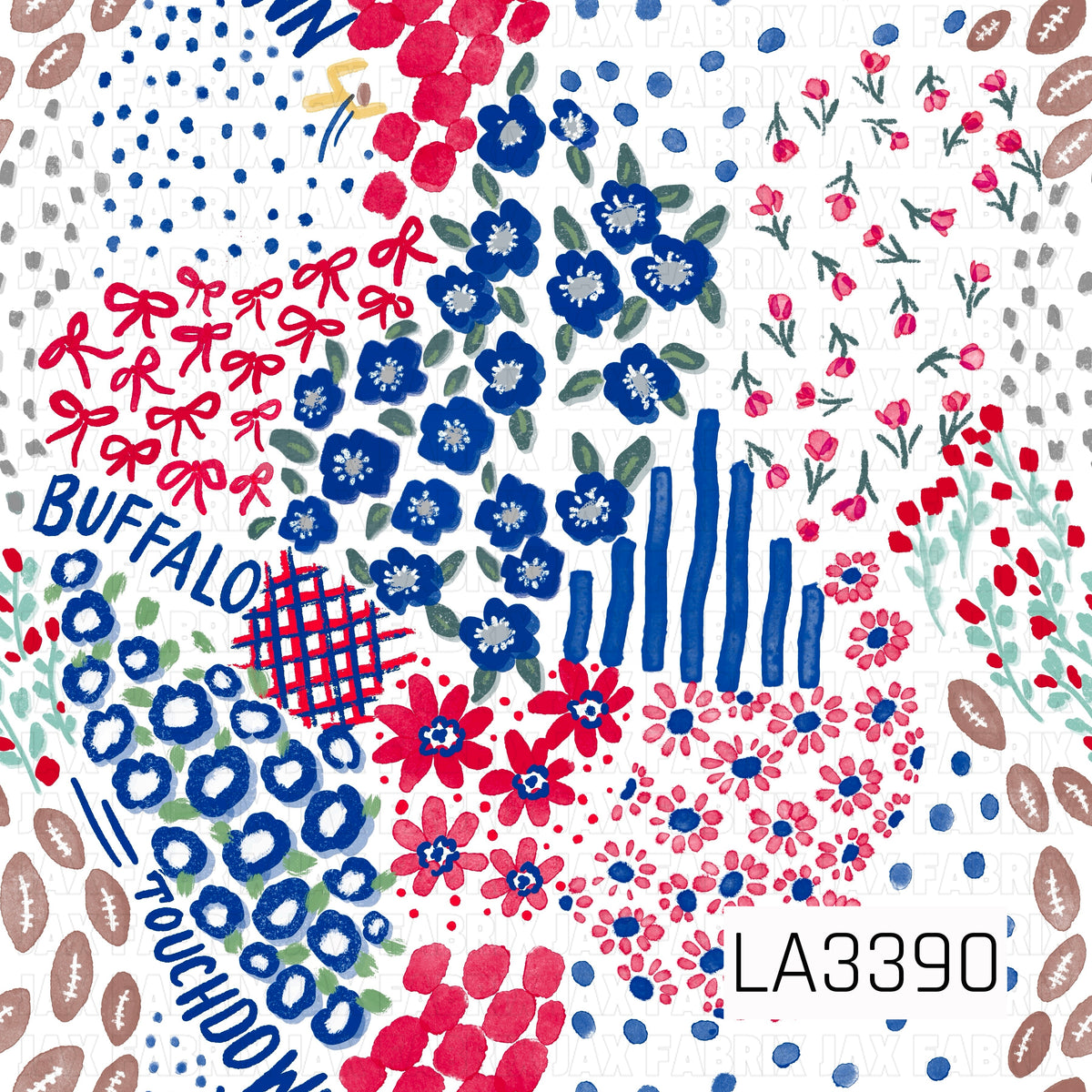 A playful Buffalo football-inspired print featuring bold royal blue, bright red, soft gray, and white. Hand-painted florals, bows, footballs, scattered dots, stripes, plaid accents, and “Buffalo” and “Touchdown” lettering create a fun, artsy game day design.
