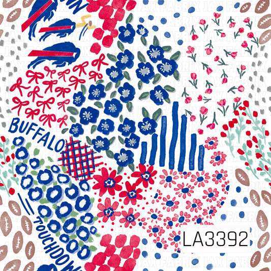 A playful Buffalo football-inspired print featuring bold royal blue, bright red, soft gray, and white. Hand-painted florals, bows, footballs, scattered dots, stripes, plaid accents, “Buffalo” and “Touchdown” lettering, plus coordinating buffalo graphics create a fun, artsy game day design.
