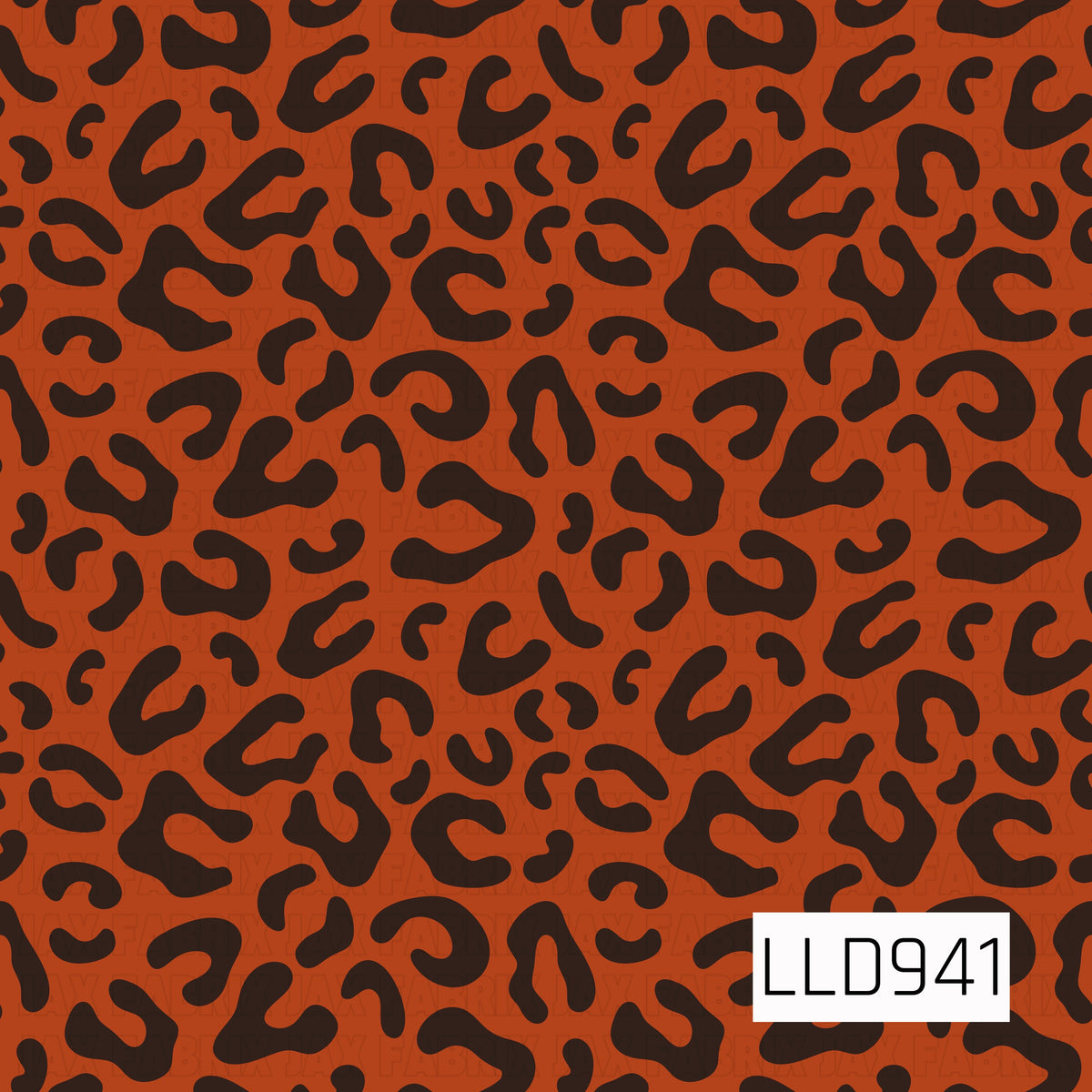 A bold leopard print featuring oversized, irregular dark chocolate brown spots scattered across a rich burnt orange background. The organic shapes vary in size and direction, creating a playful animal-print look with a warm, earthy retro color palette.