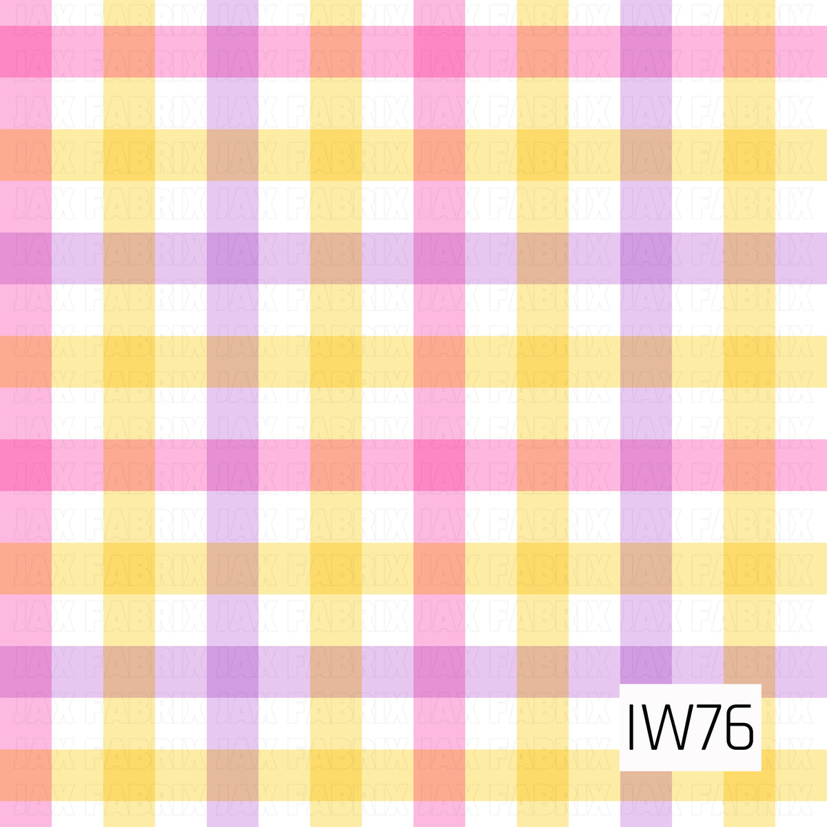 A bright and playful plaid pattern featuring wide, overlapping stripes in shades of bubblegum pink, lavender purple, buttery yellow, and soft peach. The semi-transparent horizontal and vertical stripes create a colorful checkered design with blended tones where the colors intersect. Set against a crisp white background, this cheerful pattern has a soft, pastel-inspired look with a fun, springtime feel.