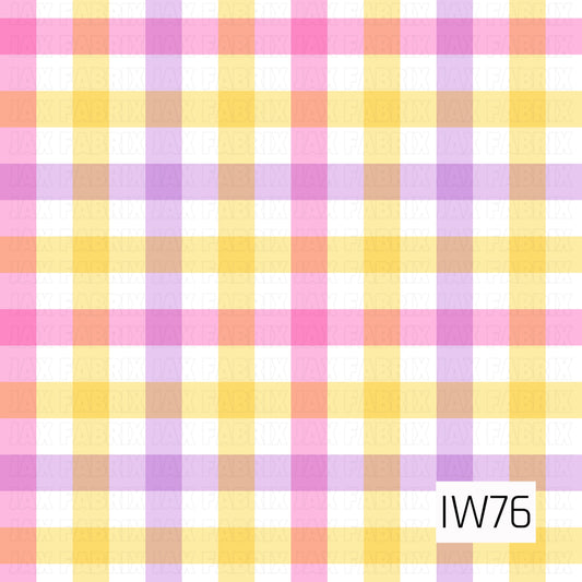A bright and playful plaid pattern featuring wide, overlapping stripes in shades of bubblegum pink, lavender purple, buttery yellow, and soft peach. The semi-transparent horizontal and vertical stripes create a colorful checkered design with blended tones where the colors intersect. Set against a crisp white background, this cheerful pattern has a soft, pastel-inspired look with a fun, springtime feel.