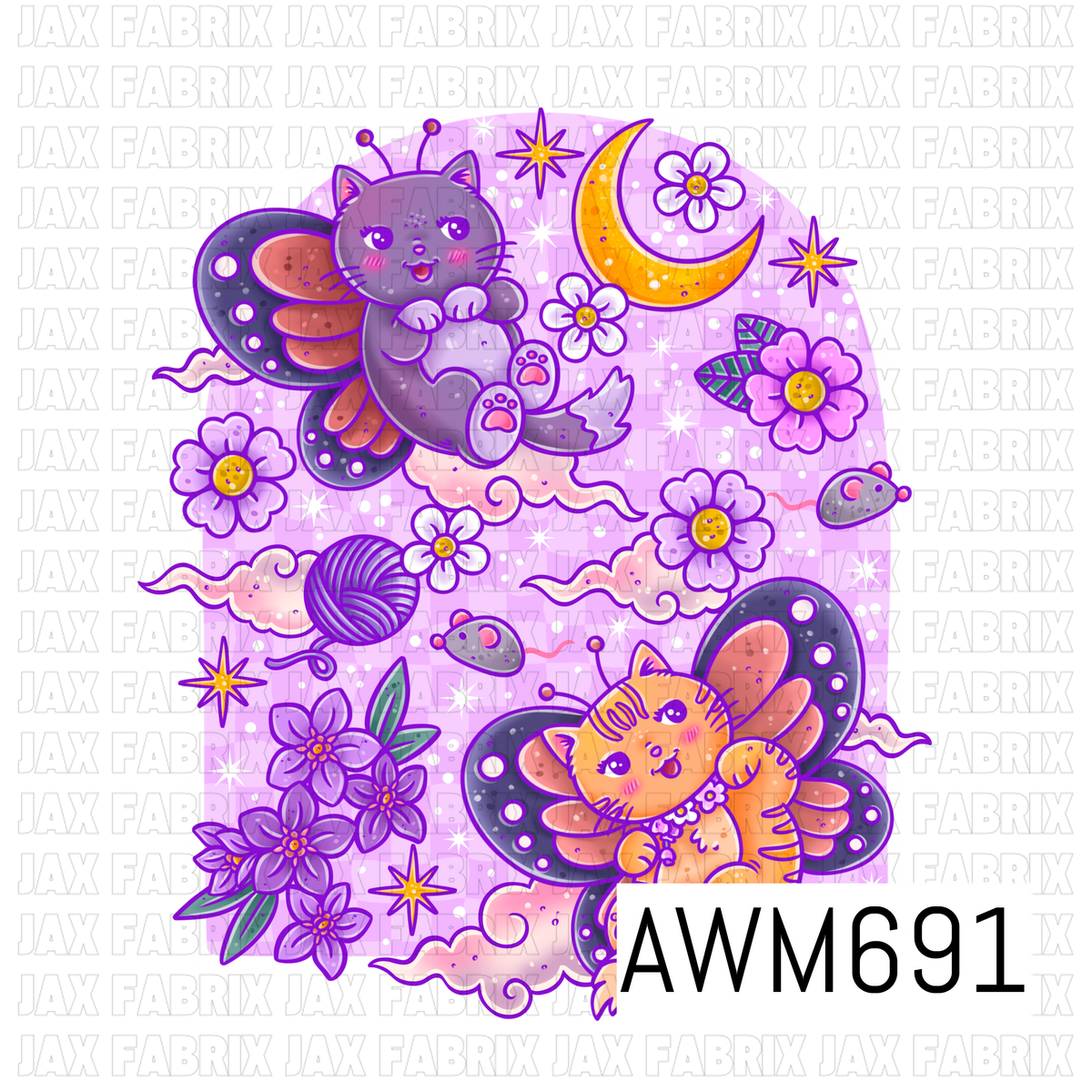 A whimsical PNG featuring adorable butterfly-winged cats surrounded by purple florals, daisies, a golden crescent moon, yarn, tiny mice, clouds, stars, and sparkles. Warm orange, charcoal, lavender, pink, and golden yellow tones create a playful magical look against a soft pastel pink background.