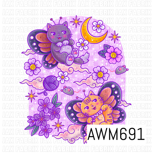 A whimsical PNG featuring adorable butterfly-winged cats surrounded by purple florals, daisies, a golden crescent moon, yarn, tiny mice, clouds, stars, and sparkles. Warm orange, charcoal, lavender, pink, and golden yellow tones create a playful magical look against a soft pastel pink background.