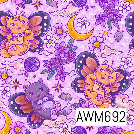 A whimsical seamless design featuring adorable butterfly-winged cats surrounded by purple florals, daisies, crescent moons, yarn balls, tiny mice, clouds, stars, and sparkles. Warm orange and charcoal cats pair with rich purple, lavender, pink, and golden yellow accents against a soft pastel pink background.
