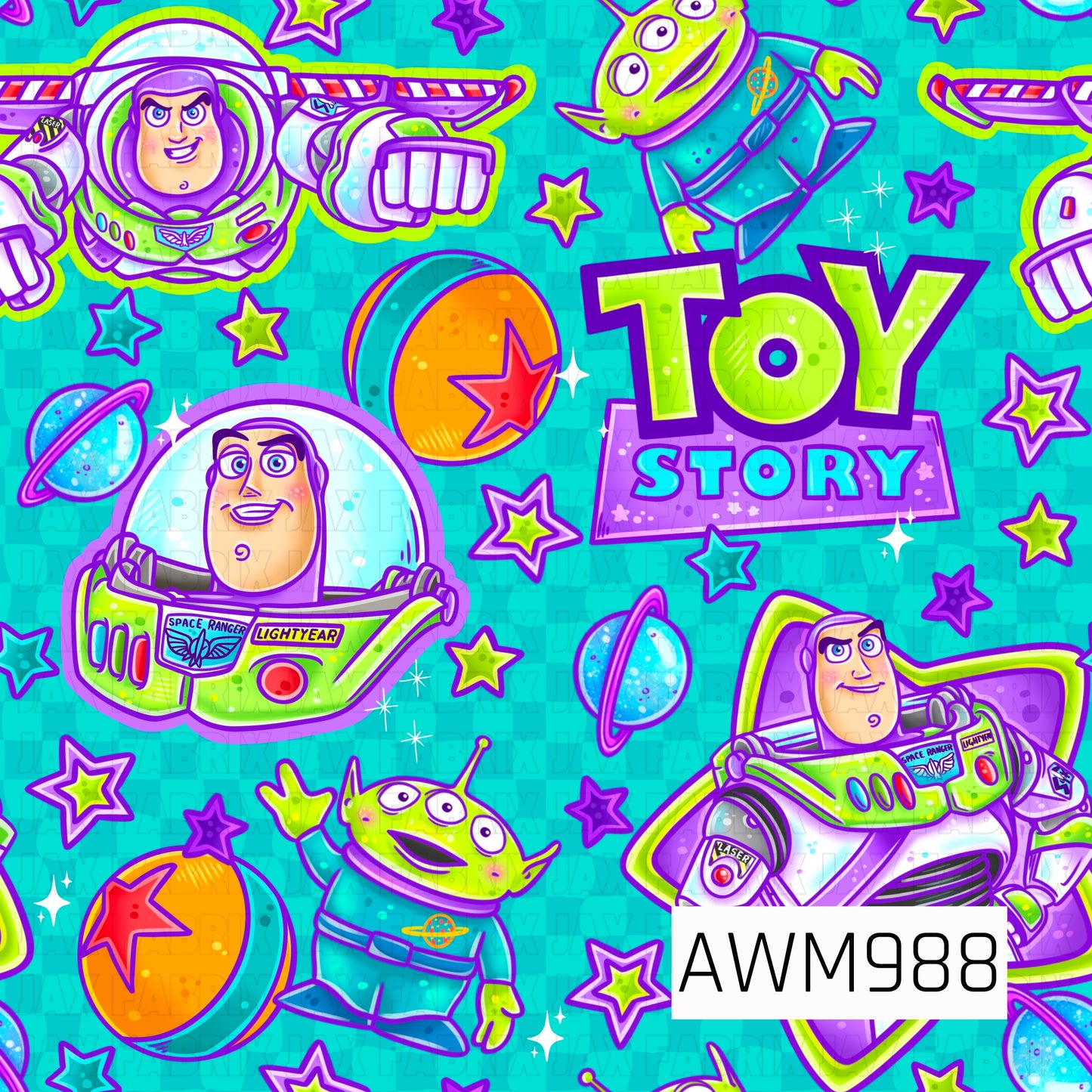 A colorful space-themed toy pattern featuring a heroic space ranger, friendly three-eyed aliens, planets, bouncing balls, stars, and toy-inspired logos scattered across a bright teal checkered background. Vibrant shades of green, purple, blue, and orange create a bold, energetic design filled with intergalactic adventure. The playful characters and cosmic elements give the pattern a fun, futuristic feel perfect for fans of space exploration and classic animated toy stories.
