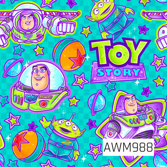 A colorful space-themed toy pattern featuring a heroic space ranger, friendly three-eyed aliens, planets, bouncing balls, stars, and toy-inspired logos scattered across a bright teal checkered background. Vibrant shades of green, purple, blue, and orange create a bold, energetic design filled with intergalactic adventure. The playful characters and cosmic elements give the pattern a fun, futuristic feel perfect for fans of space exploration and classic animated toy stories.
