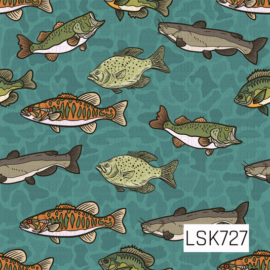 A rustic fishing-themed seamless design featuring a variety of illustrated freshwater fish in earthy shades of olive green, brown, orange, and cream. The fish are scattered across a textured teal camouflage background, creating an outdoorsy, rugged look perfect for fishing and nature-inspired designs.

