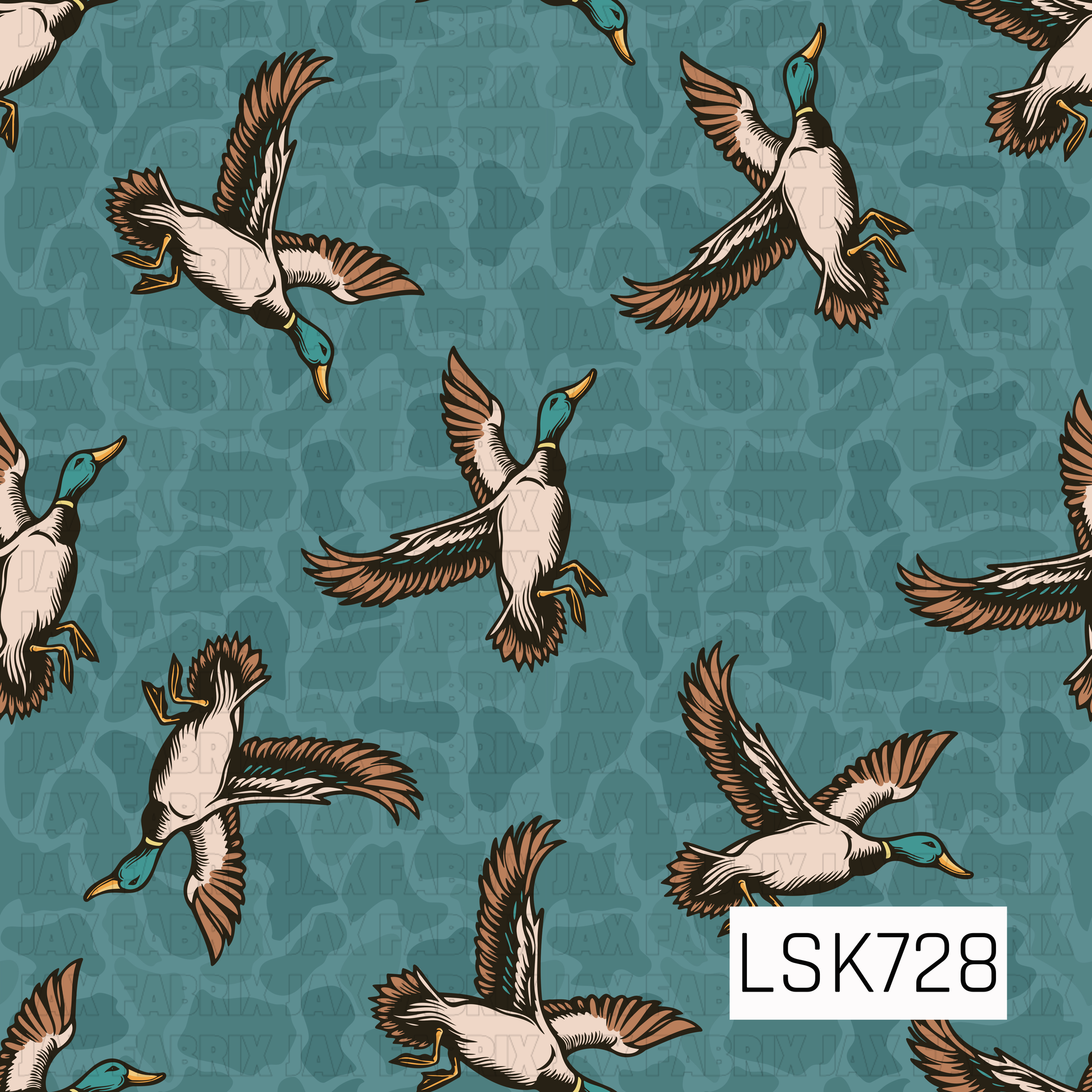 A vintage-inspired seamless pattern featuring flying mallard ducks in various poses across a muted teal camouflage background. The ducks feature cream, brown, black, and teal detailing with warm golden accents, creating a rustic outdoorsy hunting aesthetic.
