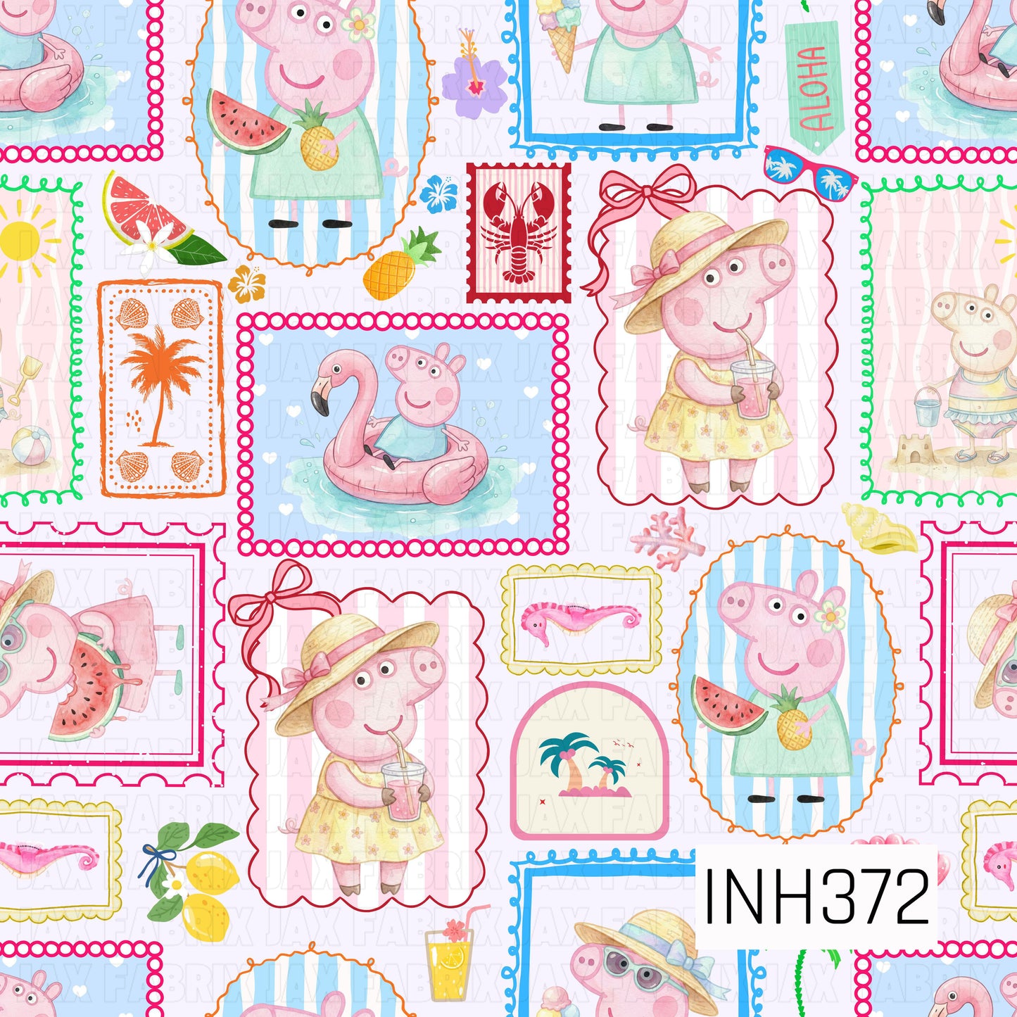A playful patchwork-style seamless pattern featuring a lovable cartoon pig enjoying a fun-filled summer vacation. Framed scenes include tropical drinks, watermelon, pineapples, flamingo floats, beach hats, sandcastles, seashells, palm trees, and colorful coastal accents on a soft light purple background. Bright colors and cheerful beach details create a whimsical, sunny design full of vacation vibes.
