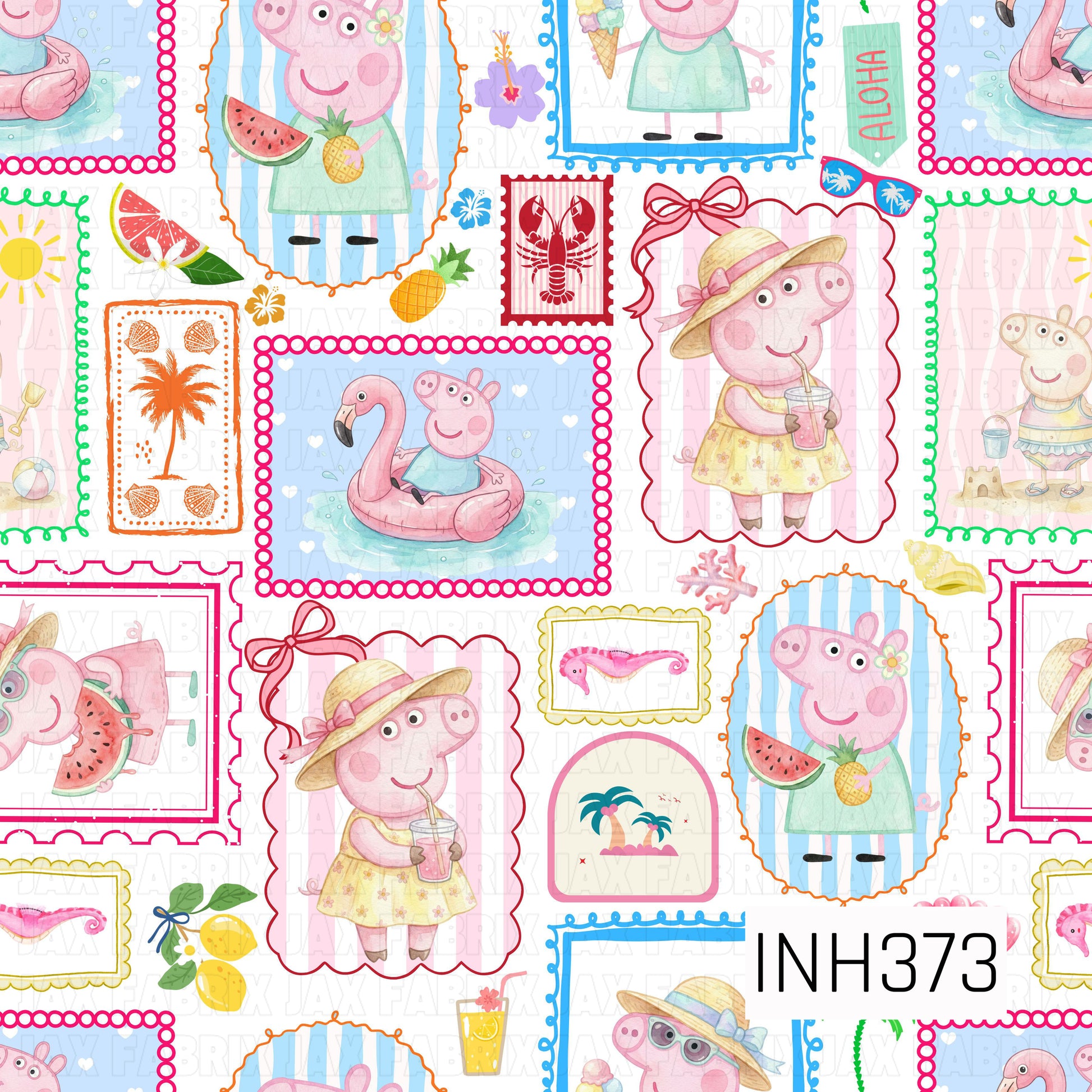 A playful patchwork-style seamless pattern featuring a lovable cartoon pig enjoying a sunny beach vacation on a crisp white background. Framed scenes include tropical drinks, watermelon, pineapples, flamingo floats, beach hats, sandcastles, seashells, palm trees, and colorful seaside accents. The bright, cheerful details create a fun-filled summer design with a fresh coastal feel.
