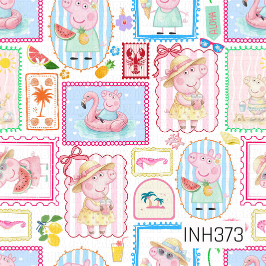 A playful patchwork-style seamless pattern featuring a lovable cartoon pig enjoying a sunny beach vacation on a crisp white background. Framed scenes include tropical drinks, watermelon, pineapples, flamingo floats, beach hats, sandcastles, seashells, palm trees, and colorful seaside accents. The bright, cheerful details create a fun-filled summer design with a fresh coastal feel.
