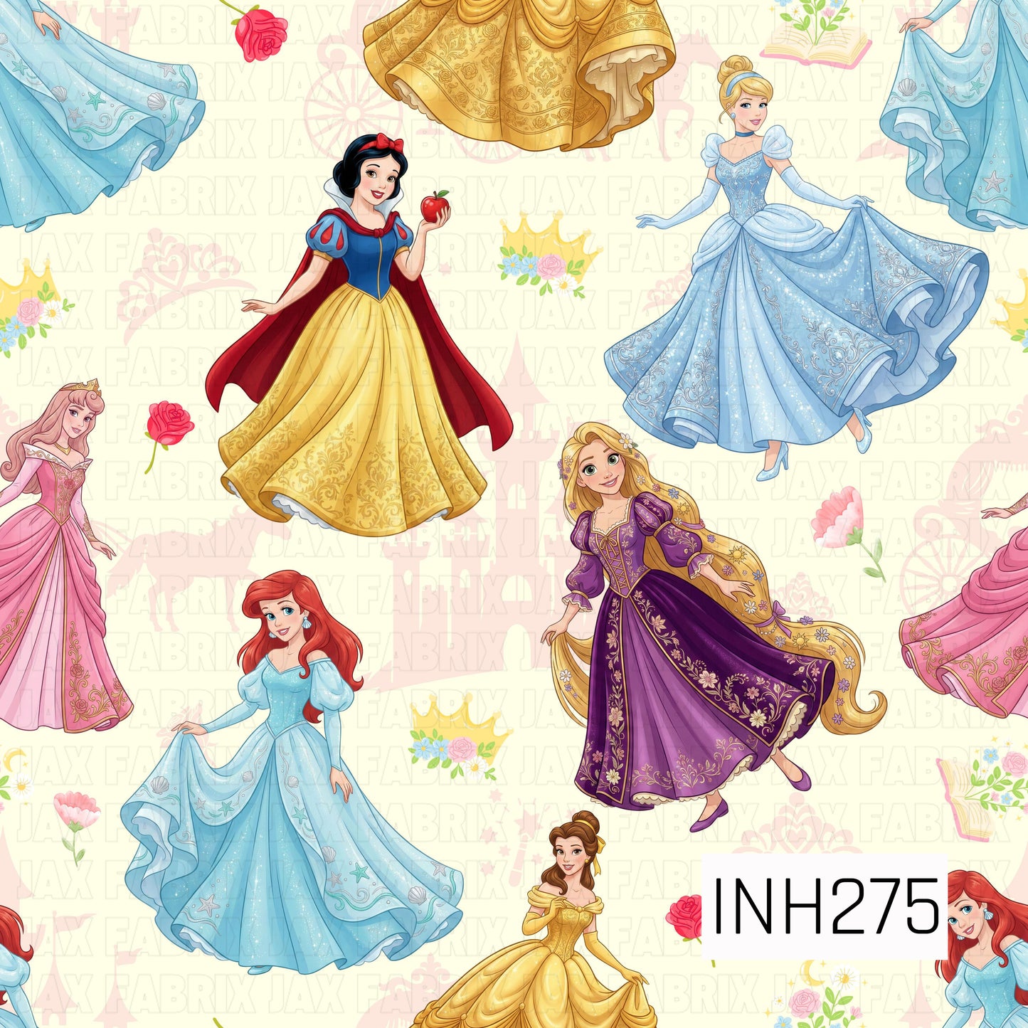 A magical seamless pattern featuring beloved fairytale princesses in elegant royal gowns on a soft ivory background with subtle fairytale silhouettes. Delicate crowns, roses, flowers, storybooks, and regal accents are scattered throughout, while the faint castle and carriage motifs in the background add an extra touch of storybook charm and timeless elegance.
