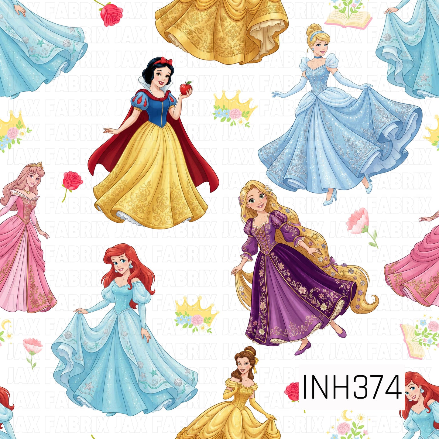 A magical seamless pattern featuring beloved fairytale princesses in elegant gowns scattered across a crisp white background. Delicate crowns, roses, flowers, storybooks, and royal accents are sprinkled throughout, creating a whimsical design filled with classic fairy tale charm and timeless elegance.