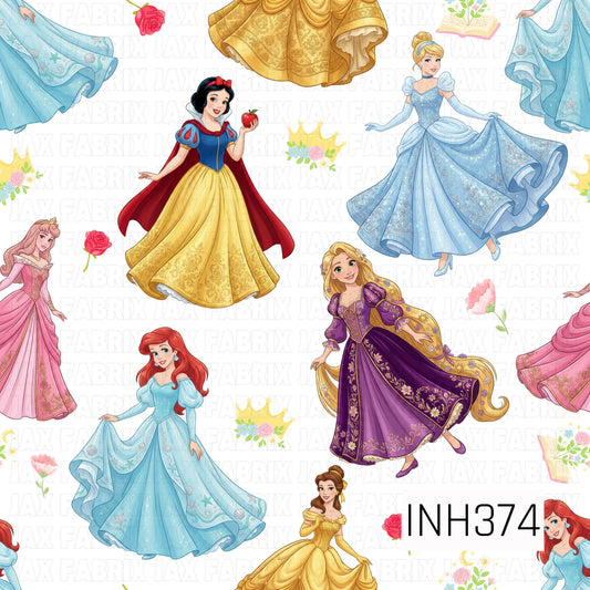 A magical seamless pattern featuring beloved fairytale princesses in elegant gowns scattered across a crisp white background. Delicate crowns, roses, flowers, storybooks, and royal accents are sprinkled throughout, creating a whimsical design filled with classic fairy tale charm and timeless elegance.