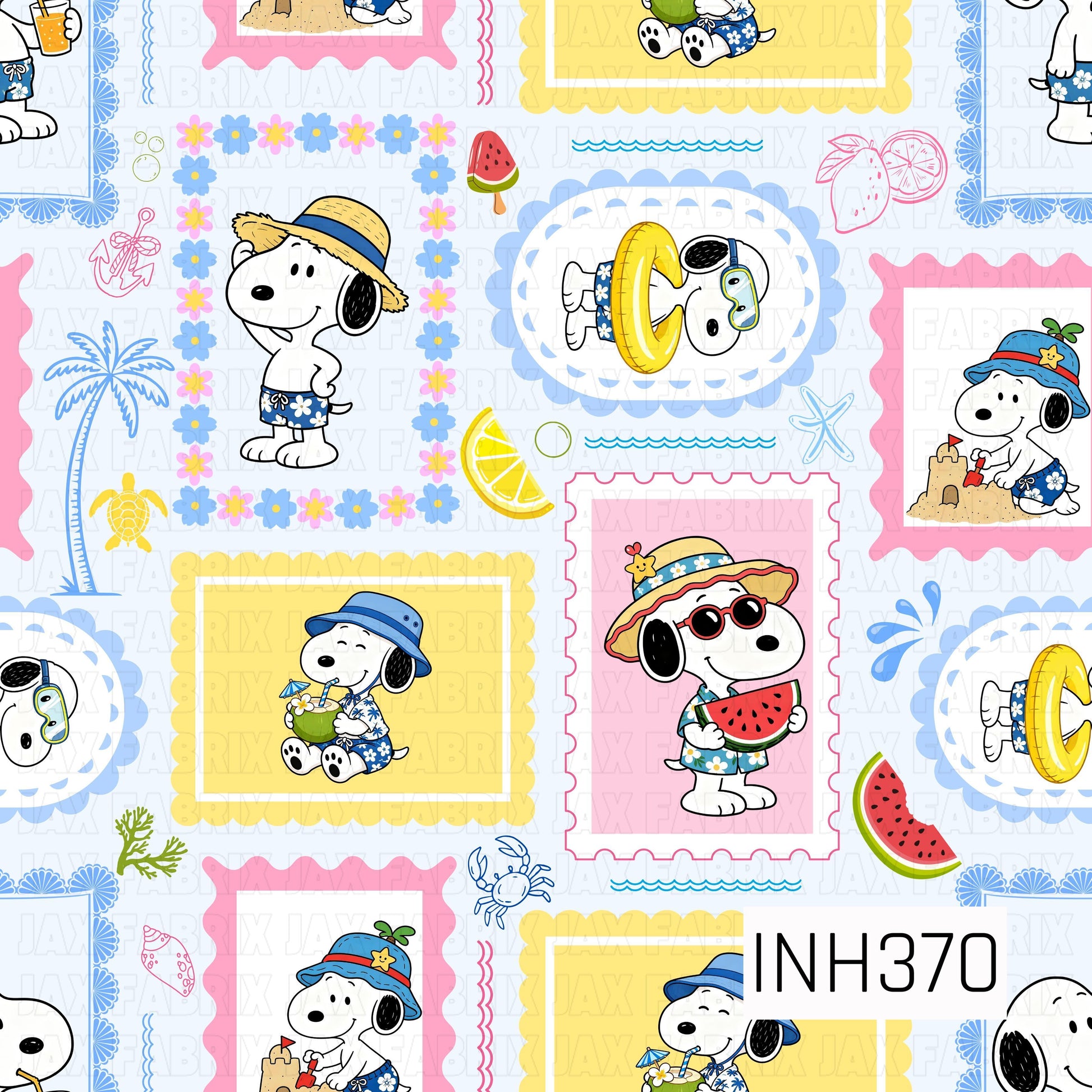 A seamless patchwork-style pattern featuring a beloved beagle enjoying a fun-filled beach vacation in colorful postage stamp frames. Surrounded by watermelon slices, tropical drinks, sandcastles, palm trees, seashells, sea turtles, and seaside accents in cheerful shades of blue, pink, and yellow, the design captures a bright, playful summer vibe.
