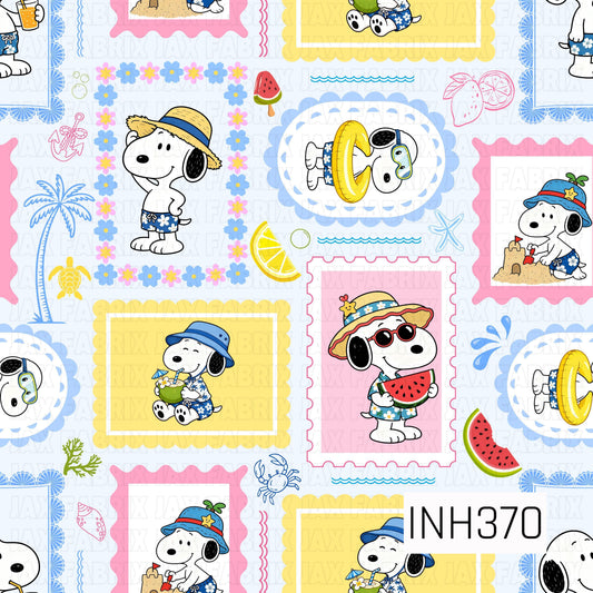 A seamless patchwork-style pattern featuring a beloved beagle enjoying a fun-filled beach vacation in colorful postage stamp frames. Surrounded by watermelon slices, tropical drinks, sandcastles, palm trees, seashells, sea turtles, and seaside accents in cheerful shades of blue, pink, and yellow, the design captures a bright, playful summer vibe.
