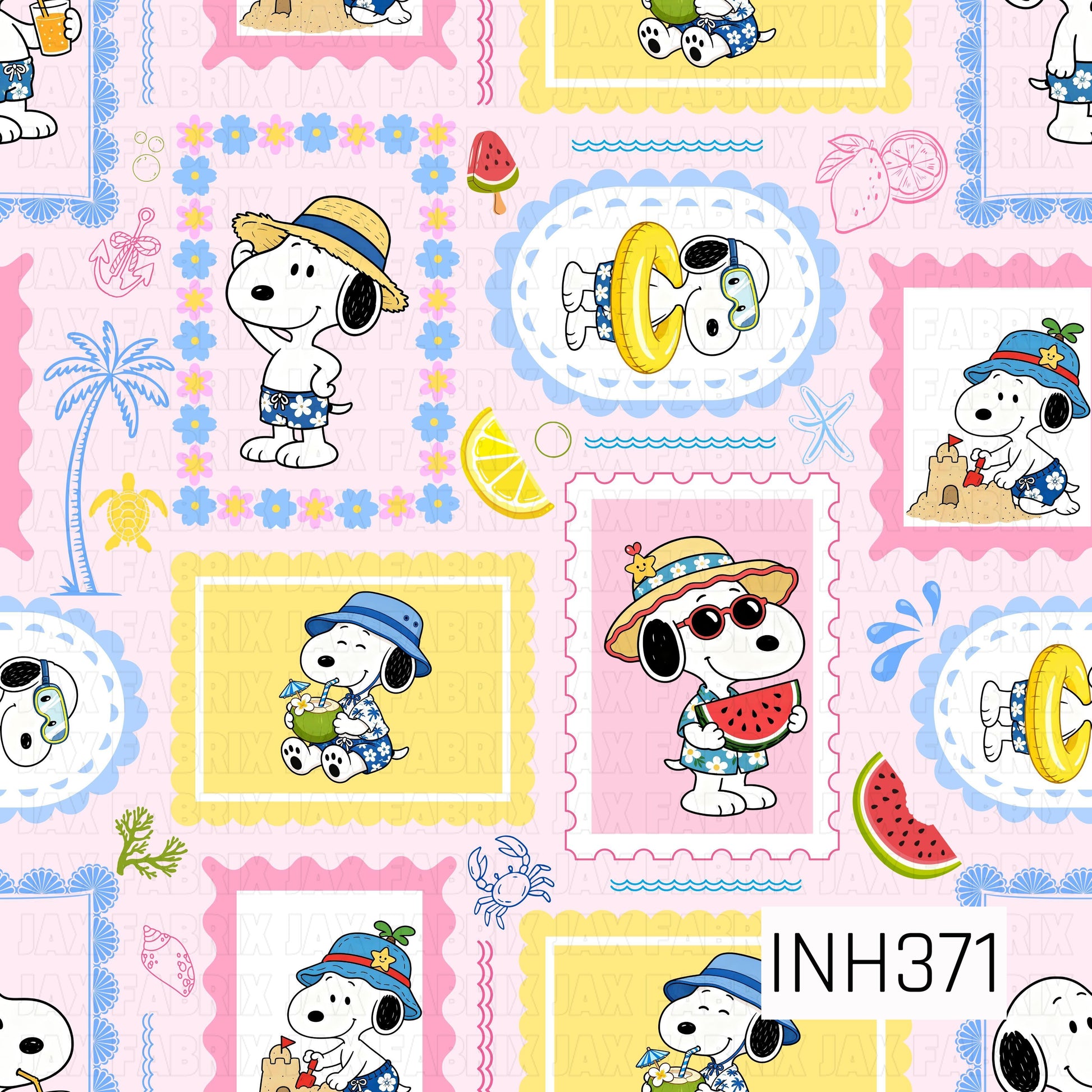 A seamless patchwork-style pattern featuring a beloved beagle enjoying sunny beach adventures on a soft pink background. Framed scenes show the playful pup building sandcastles, sipping tropical drinks, floating in an inner tube, wearing sun hats and sunglasses, and enjoying juicy watermelon. Bright summer accents like palm trees, seashells, starfish, citrus slices, and ocean-inspired details add a fun, cheerful coastal feel.
