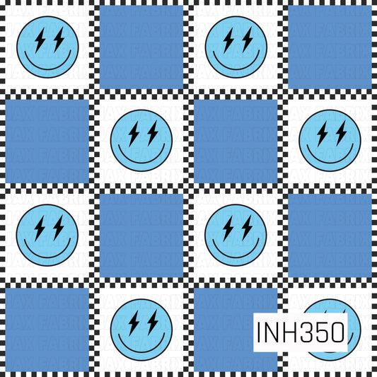 A bold checkerboard pattern featuring alternating blue squares and white squares framed with black-and-white checkered borders. Scattered throughout are playful blue smiley faces with lightning bolt eyes, adding a fun retro streetwear vibe. The crisp blue, black, and white color palette creates a modern, energetic design with a cool skater-inspired aesthetic.
