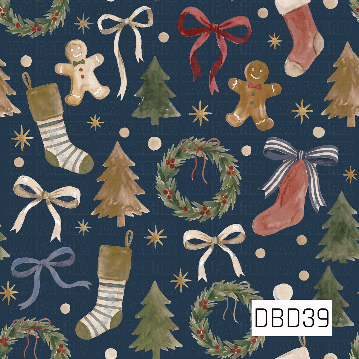 A charming watercolor Christmas pattern featuring smiling gingerbread men, festive stockings, rustic evergreen trees, and lush holiday wreaths decorated with red berries. Delicate ribbon bows in burgundy, cream, and dusty blue are scattered throughout, alongside golden stars and soft cream dots. Set against a rich navy blue background, this design combines traditional Christmas elements with muted earthy tones for a cozy, vintage-inspired holiday feel.