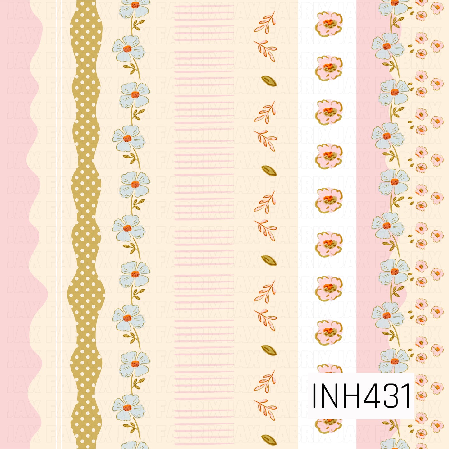 A sweet vintage-inspired stripe design featuring alternating bands of soft pink, cream, mustard, and white. Delicate blue florals, tiny pink blossoms, leafy sprigs, polka dots, and hand-drawn line details create a charming patchwork-style look.
