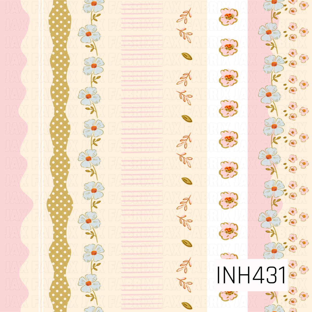 A sweet vintage-inspired stripe design featuring alternating bands of soft pink, cream, mustard, and white. Delicate blue florals, tiny pink blossoms, leafy sprigs, polka dots, and hand-drawn line details create a charming patchwork-style look.
