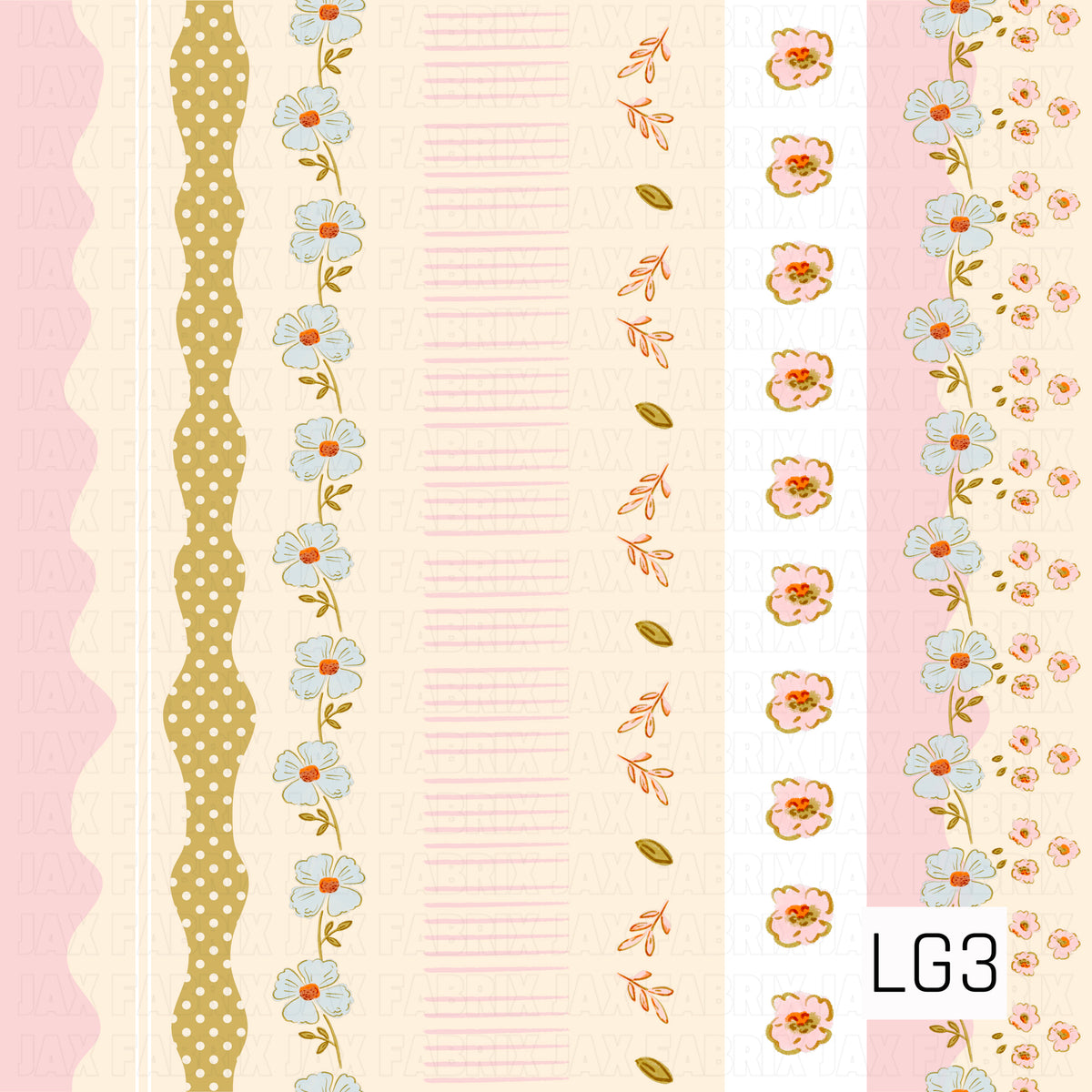 A sweet vintage-inspired patchwork stripe featuring an eclectic mix of florals, polka dots, scallops, leafy sprigs, and hand-drawn linework. Soft blush pink, creamy ivory, dusty blue, and muted mustard create a warm, nostalgic palette, while the mix-and-match vertical sections give the design a playful scrapbook feel.
