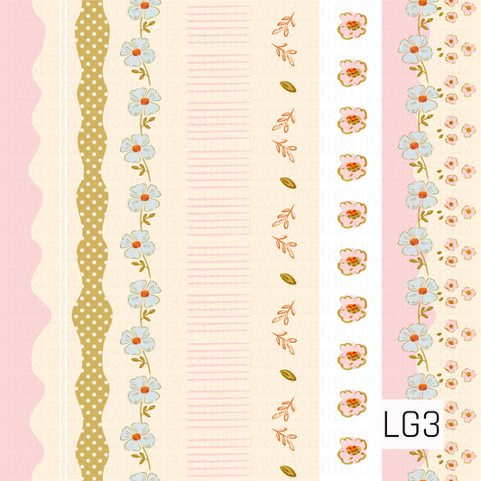 A sweet vintage-inspired patchwork stripe featuring an eclectic mix of florals, polka dots, scallops, leafy sprigs, and hand-drawn linework. Soft blush pink, creamy ivory, dusty blue, and muted mustard create a warm, nostalgic palette, while the mix-and-match vertical sections give the design a playful scrapbook feel.
