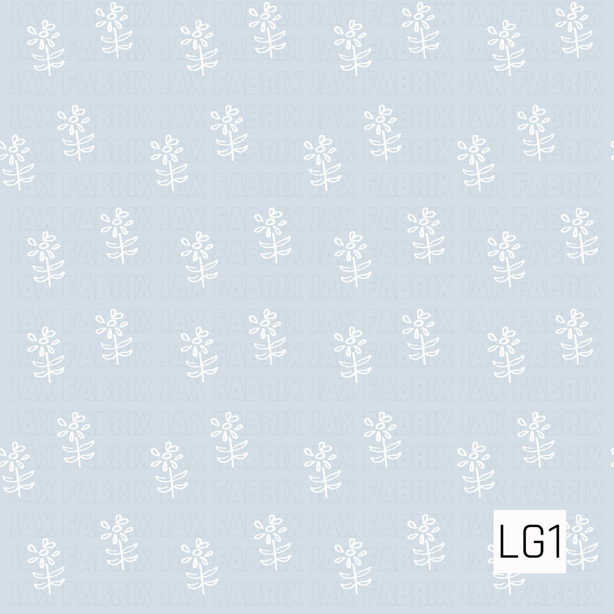 A simple hand-drawn floral pattern featuring petite white flowers with leafy stems scattered across a soft powder blue background. The minimal design gives it a sweet, delicate feel with a subtle vintage-inspired look.
