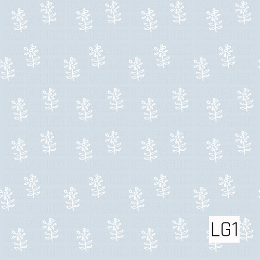 A simple hand-drawn floral pattern featuring petite white flowers with leafy stems scattered across a soft powder blue background. The minimal design gives it a sweet, delicate feel with a subtle vintage-inspired look.
