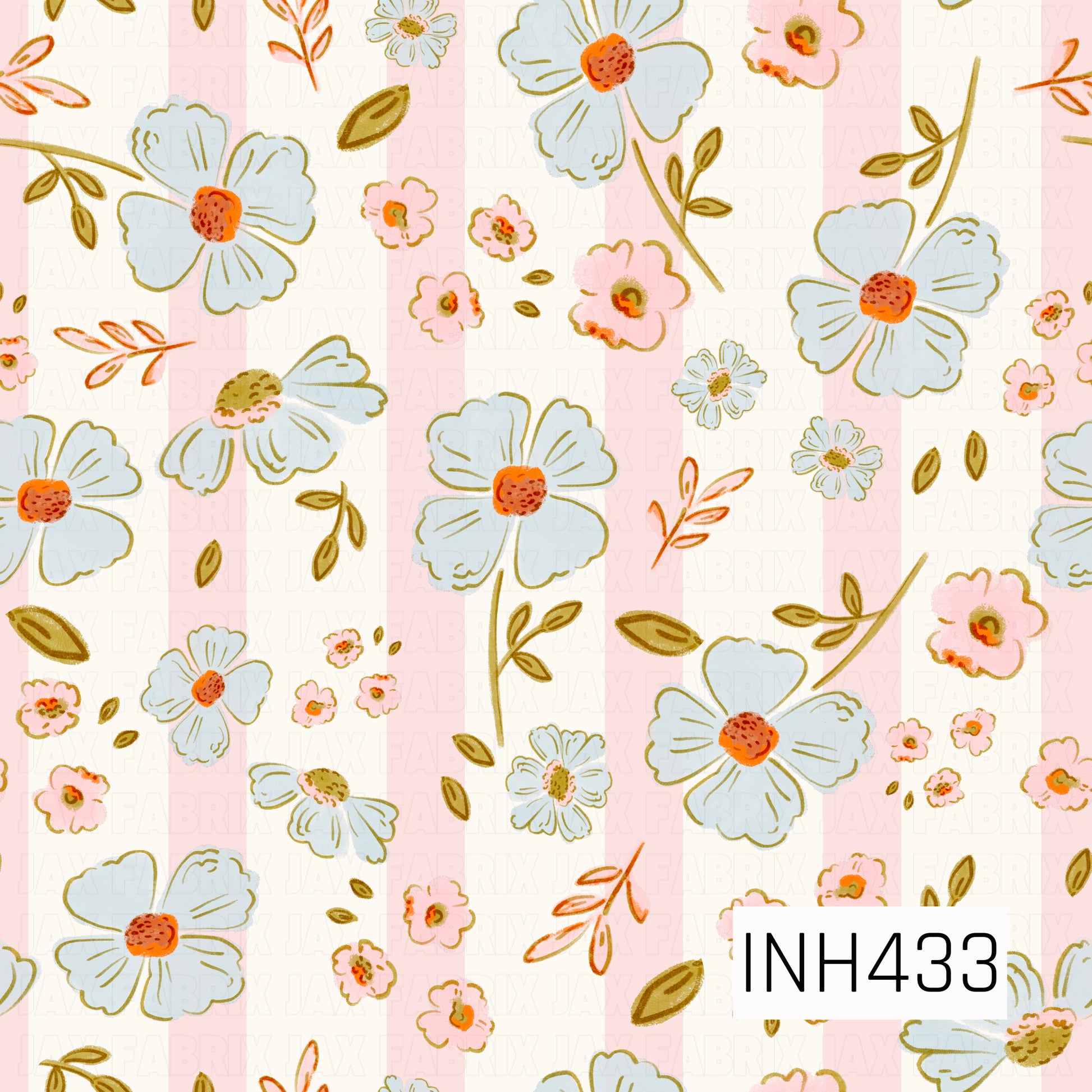 A sweet vintage-inspired floral pattern featuring soft blue and blush pink flowers scattered across wide pastel pink and creamy ivory stripes. Warm orange flower centers, golden olive leaves, and delicate leafy sprigs add contrast, while the hand-drawn texture gives the design a charming, whimsical feel.
