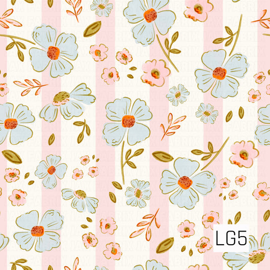 A whimsical hand-drawn floral pattern featuring oversized powder blue blooms, petite blush pink flowers, and scattered leafy sprigs. Warm orange centers and muted mustard accents add a playful pop of color, all layered over soft blush and creamy ivory vertical stripes for a sweet vintage-inspired feel.

