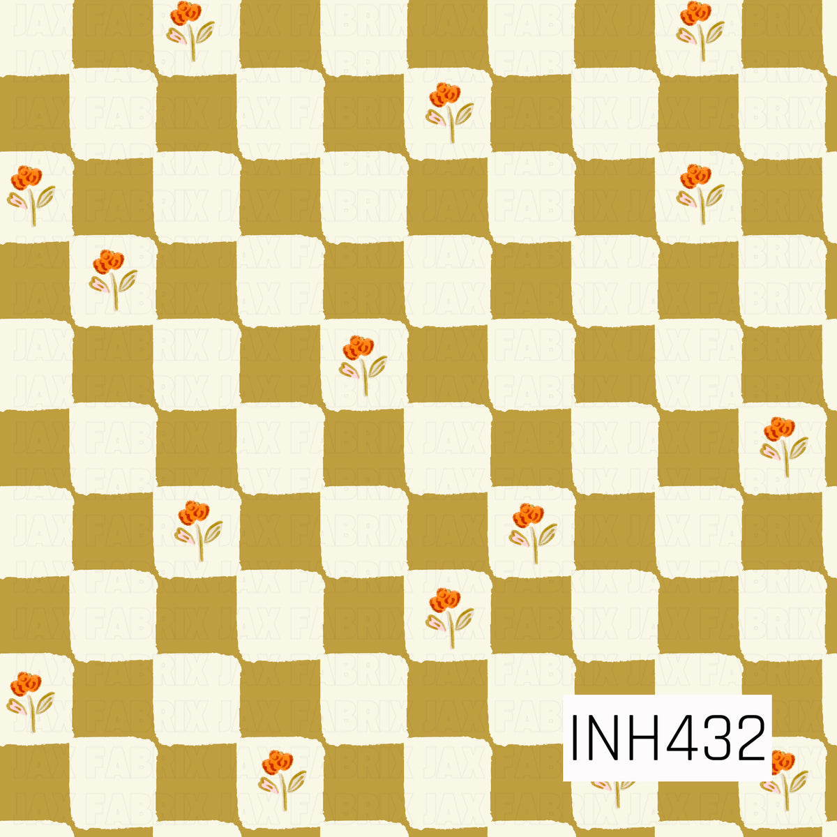 A playful checkerboard pattern featuring warm mustard gold and creamy ivory squares with a softly hand-painted, slightly imperfect texture. Select ivory squares are accented with tiny orange flowers and delicate leafy stems, adding a sweet vintage floral touch to the bold checkered design.
