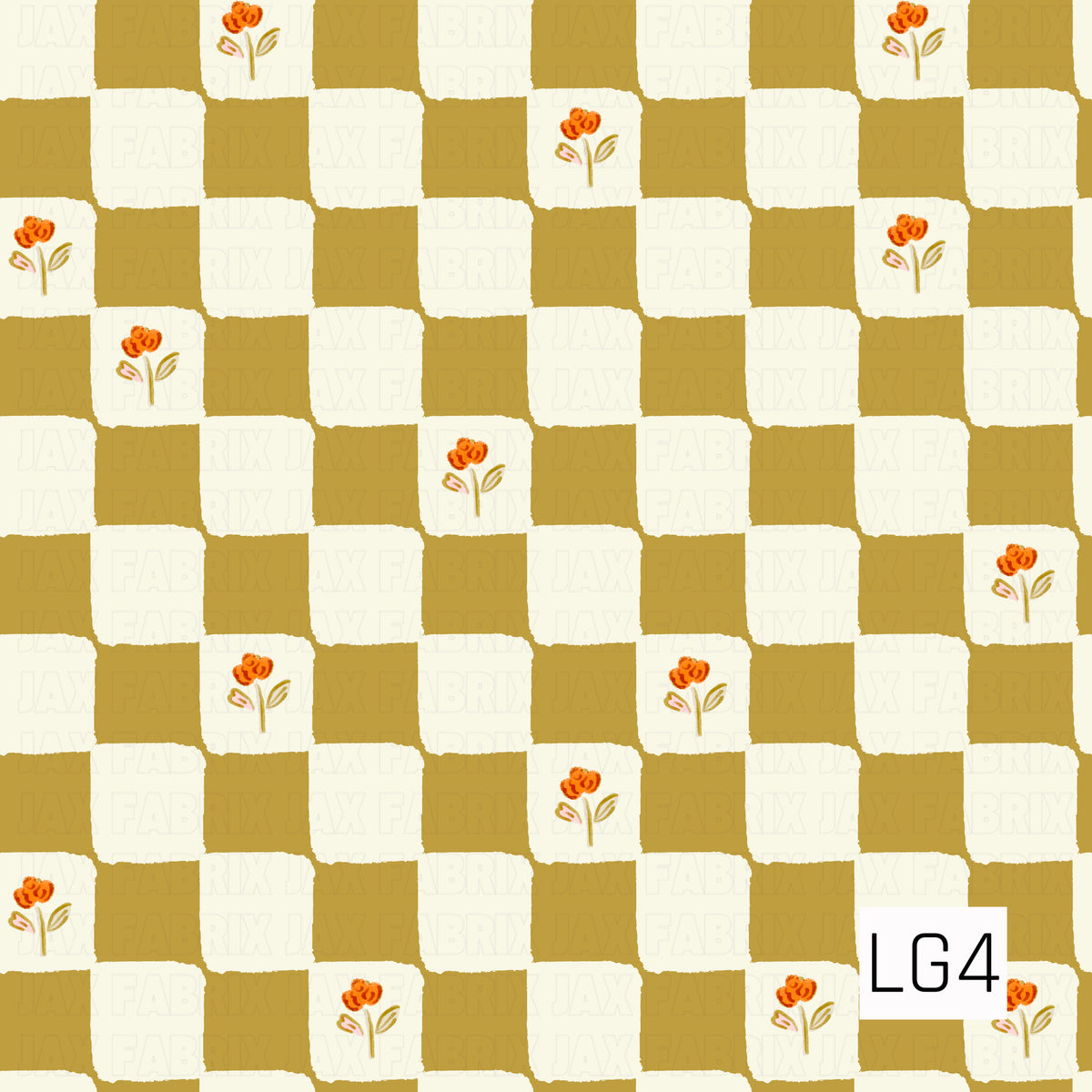 A playful checkerboard pattern featuring warm mustard yellow and creamy ivory squares with a softly hand-painted, slightly imperfect finish. Tiny orange florals with delicate leafy stems are scattered throughout the ivory squares, adding a sweet vintage-inspired touch.

