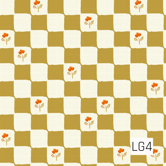 A playful checkerboard pattern featuring warm mustard yellow and creamy ivory squares with a softly hand-painted, slightly imperfect finish. Tiny orange florals with delicate leafy stems are scattered throughout the ivory squares, adding a sweet vintage-inspired touch.
