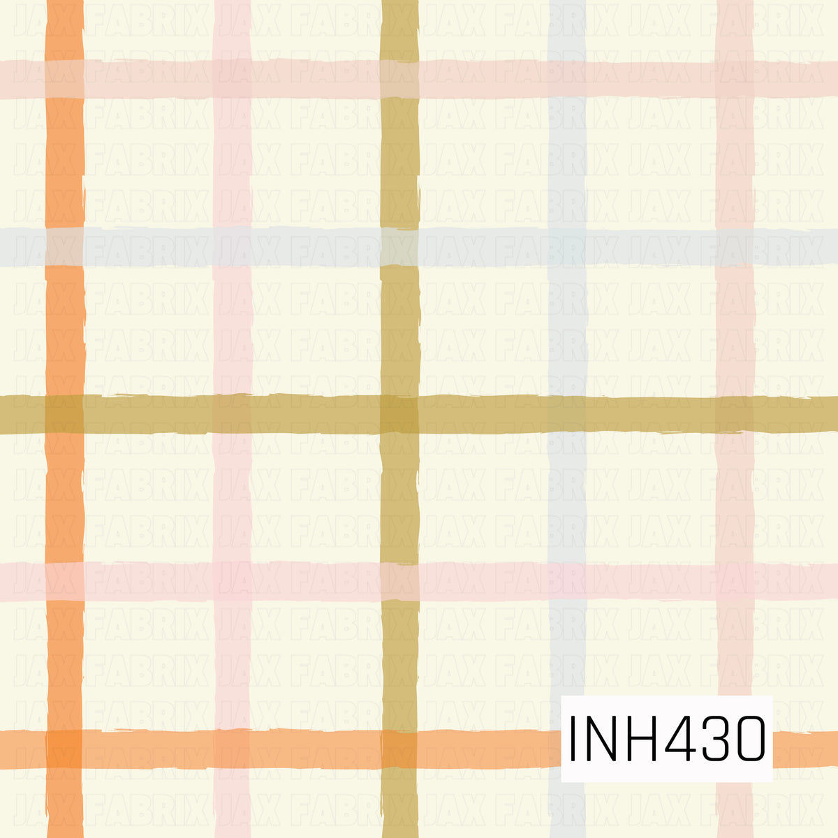 A soft hand-painted plaid featuring warm orange, blush pink, muted mustard, and pale blue stripes layered over a creamy ivory background. The slightly uneven brushstroke texture gives the classic plaid a cozy, relaxed feel.
