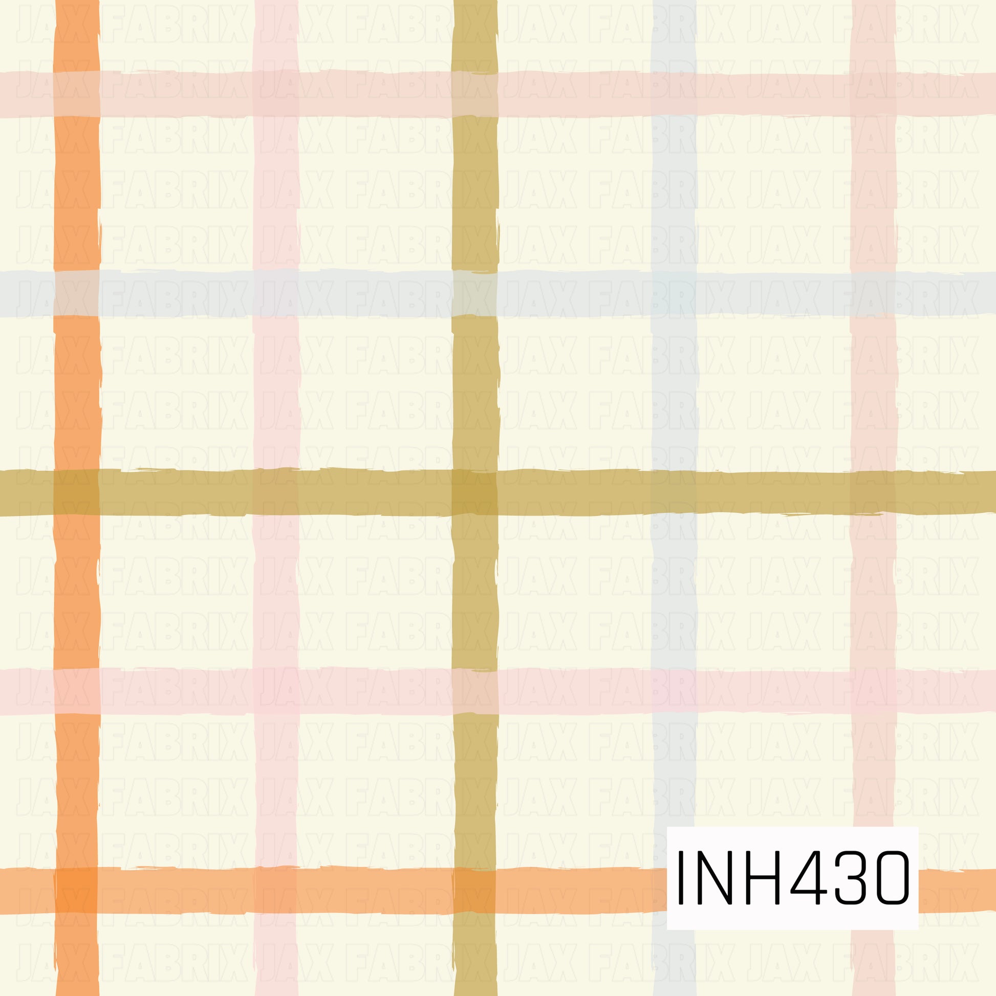 A soft hand-painted plaid featuring warm orange, blush pink, muted mustard, and pale blue stripes layered over a creamy ivory background. The slightly uneven brushstroke texture gives the classic plaid a cozy, relaxed feel.

