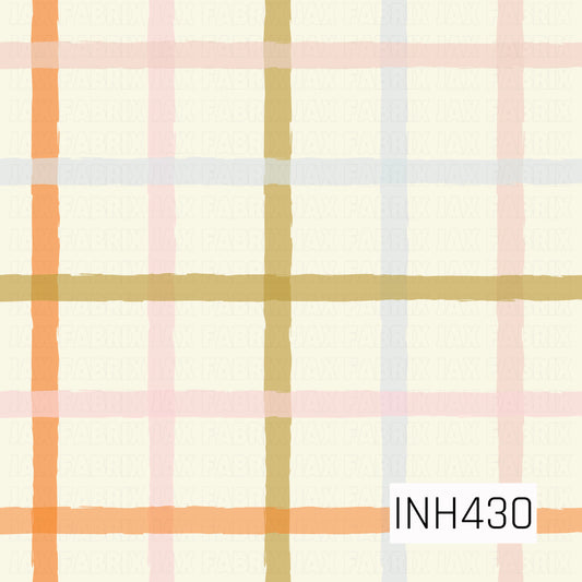 A soft hand-painted plaid featuring warm orange, blush pink, muted mustard, and pale blue stripes layered over a creamy ivory background. The slightly uneven brushstroke texture gives the classic plaid a cozy, relaxed feel.
