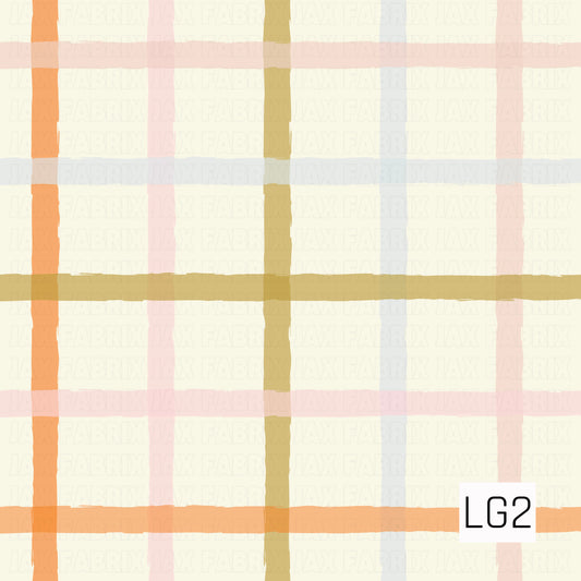 A soft hand-painted plaid featuring wide, loosely drawn stripes in warm orange, blush pink, muted mustard, and pale blue over a creamy ivory background. The slightly uneven brushstrokes give it a cozy, whimsical feel with a subtle vintage touch.
