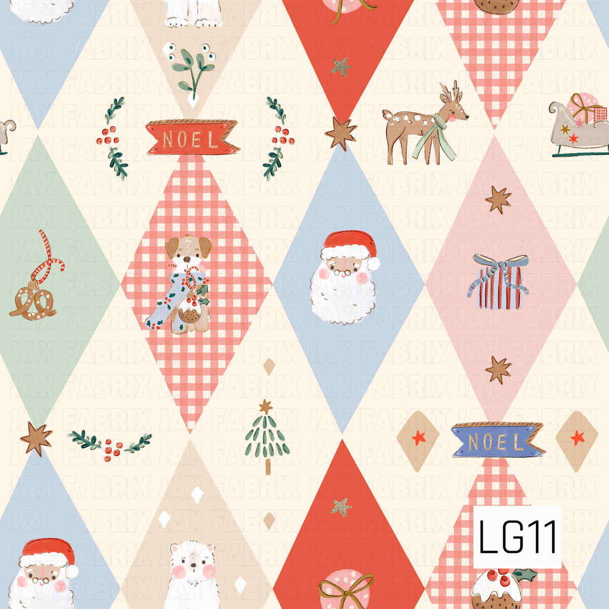 A playful vintage-inspired Christmas argyle pattern filled with festive holiday details. Soft pastel diamonds in blue, pink, mint, cream, red, and gingham feature Santa, reindeer, polar bears, presents, Christmas trees, holly, sweet treats, stars, and “Noel” signs.
