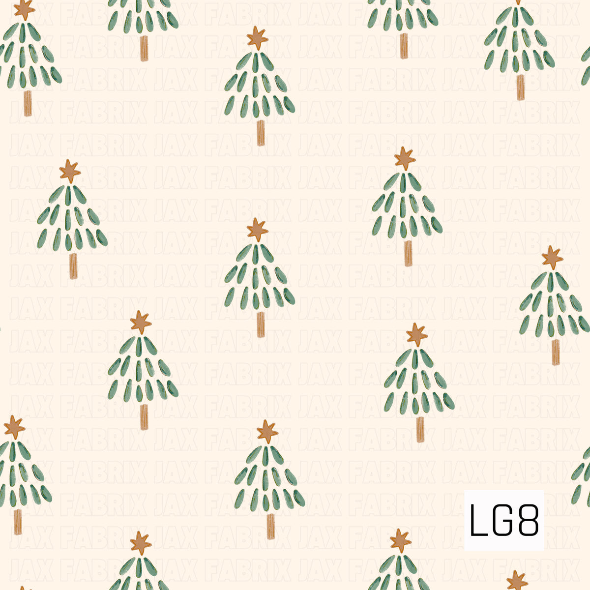 A simple hand-painted Christmas tree pattern featuring whimsical evergreen trees made from loose brushstroke-style branches. Each tree is topped with a warm golden star and scattered across a creamy ivory background, giving the design a charming minimalist holiday feel.
