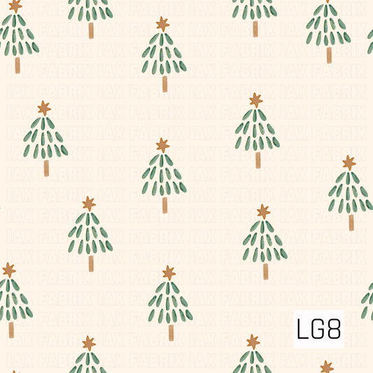A simple hand-painted Christmas tree pattern featuring whimsical evergreen trees made from loose brushstroke-style branches. Each tree is topped with a warm golden star and scattered across a creamy ivory background, giving the design a charming minimalist holiday feel.
