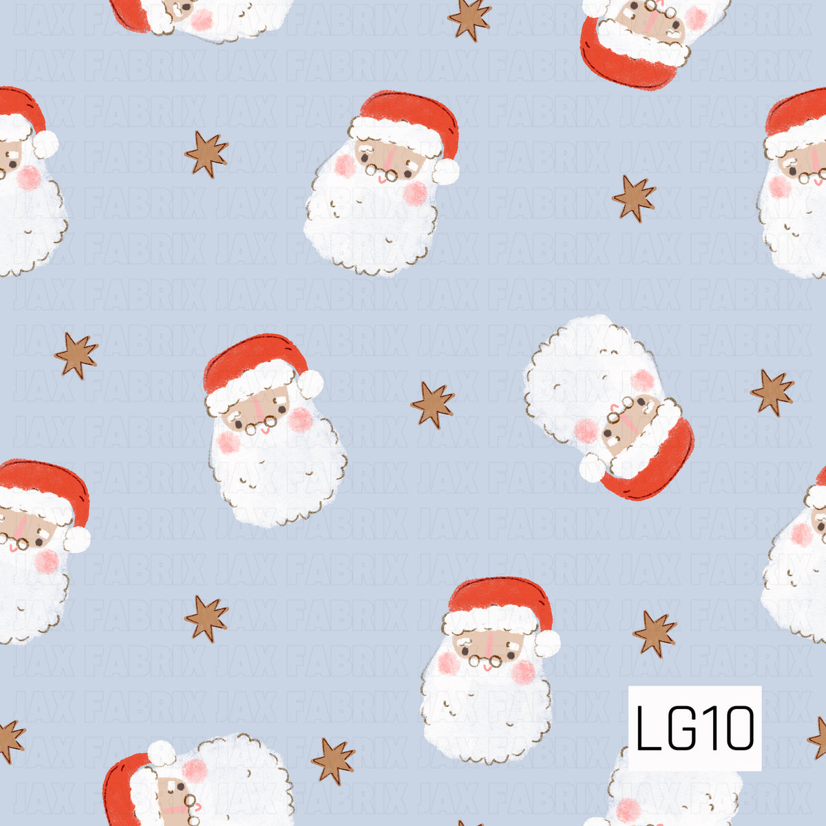 A whimsical Christmas pattern featuring sweet hand-drawn Santa faces with fluffy white beards, rosy cheeks, tiny glasses, and classic red hats. Scattered warm brown stars add a playful touch against the soft powder blue background.
