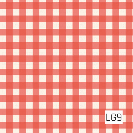 A classic gingham pattern featuring warm coral red and creamy ivory checks. The slightly softened, layered coloring gives the traditional checkered design a cozy, hand-painted feel.

