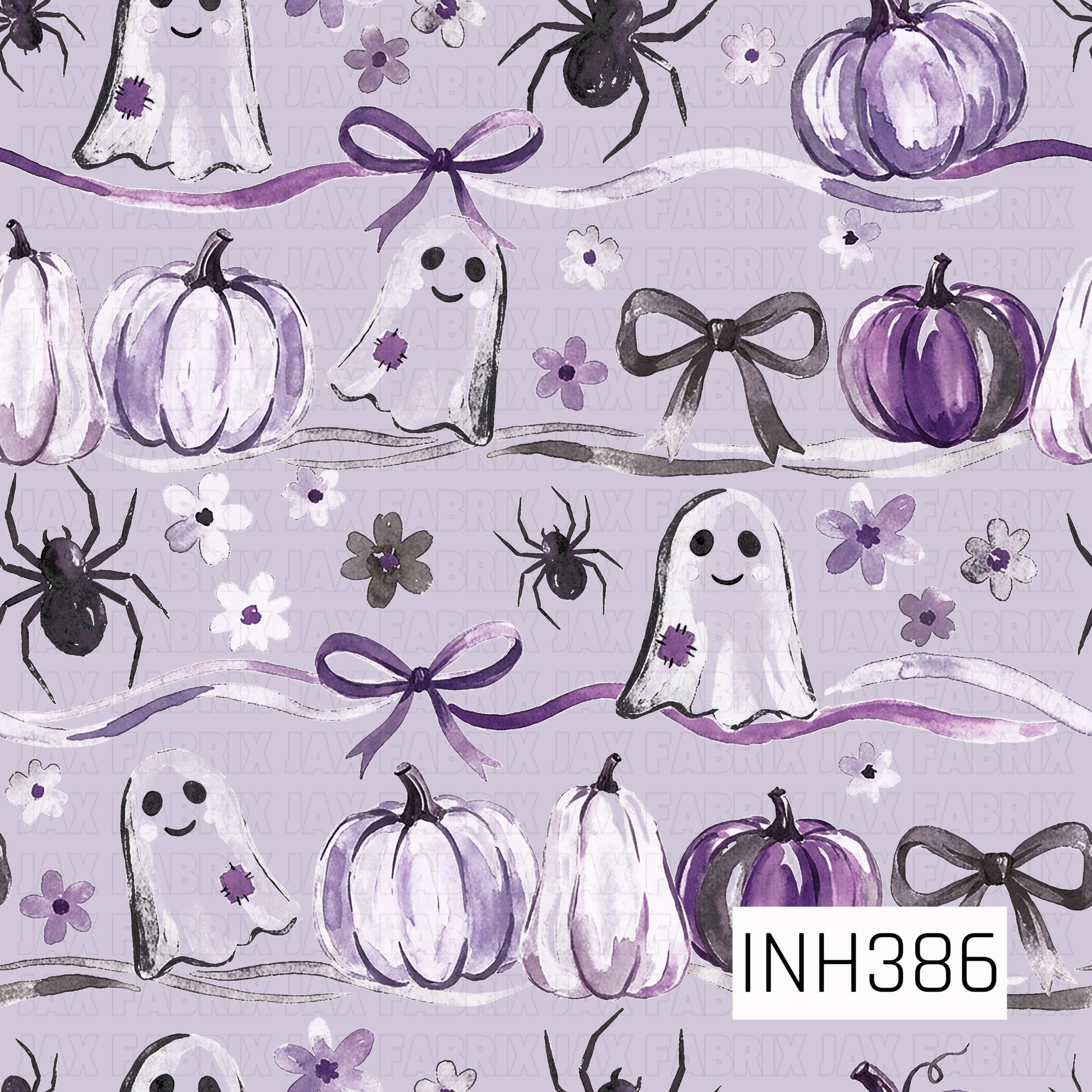 A sweet Halloween pattern featuring watercolor ghosts, purple pumpkins, black spiders, dainty florals, and elegant bows scattered across a soft lilac background. The whimsical mix of spooky and coquette elements, paired with shades of lavender, deep purple, black, and white, creates a playful and charming seasonal design.

